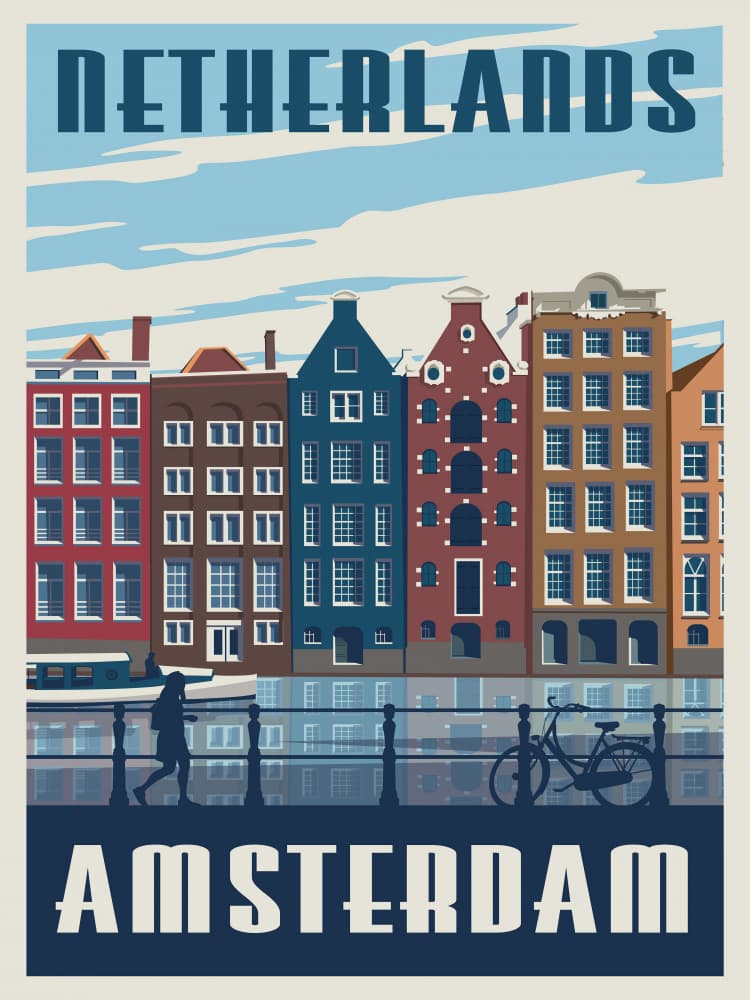 Vibrant Amsterdam Canal Houses by Retrodrome — canvas wall art