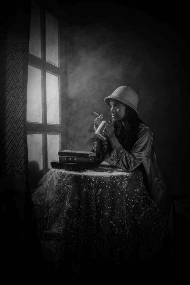 Pensive Woman Smoking by PARTHA BHATTACHARYYA — canvas wall art