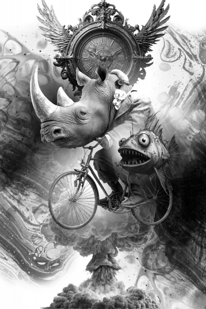 Surreal Rhino Bicycle Chaos by Rafal Kulik — canvas wall art