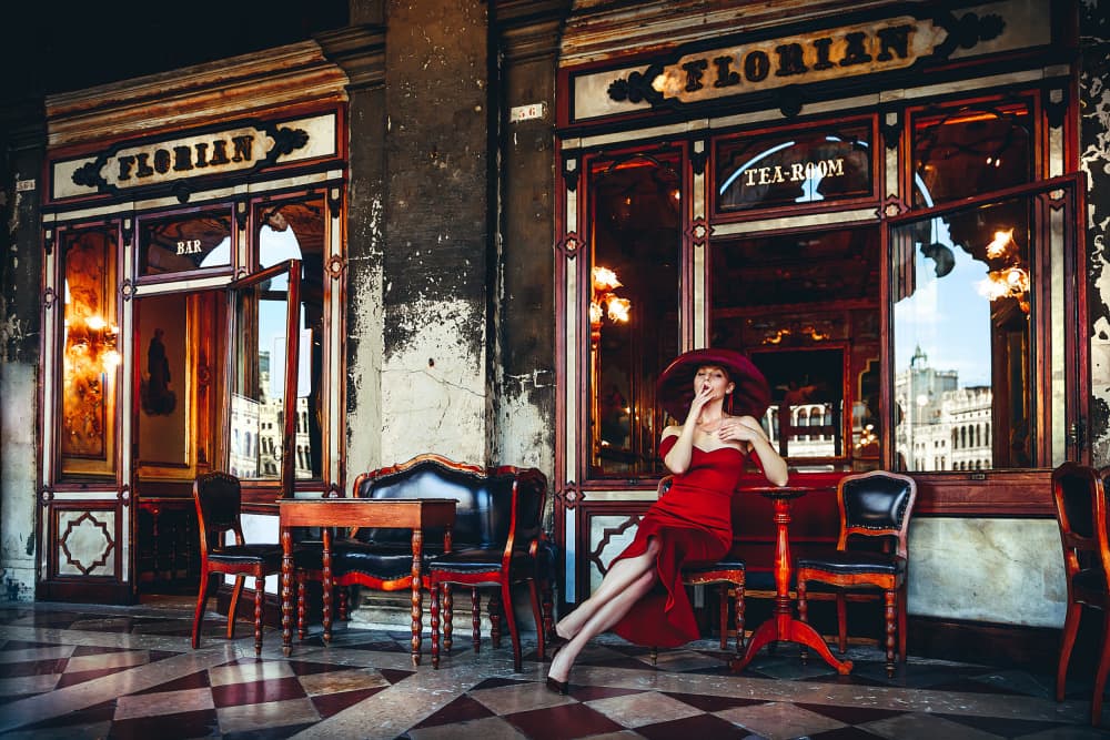 Red Dress Cafe Elegance by Ruslan Bolgov — canvas wall art