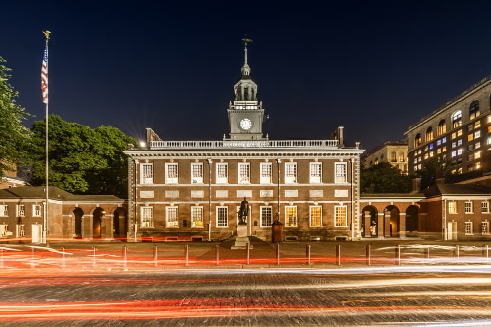 Independence Hall Night Glow by Melanie Viola — canvas wall art