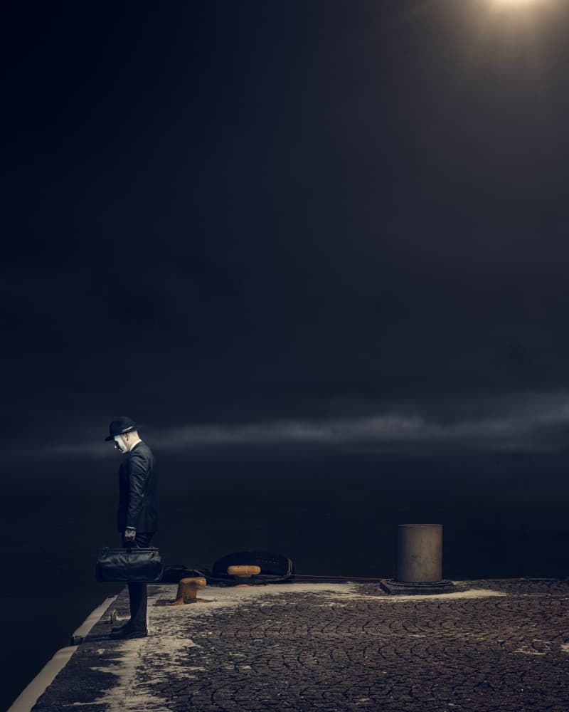 Lonely Man Dark Pier by Petri Damstén — canvas wall art