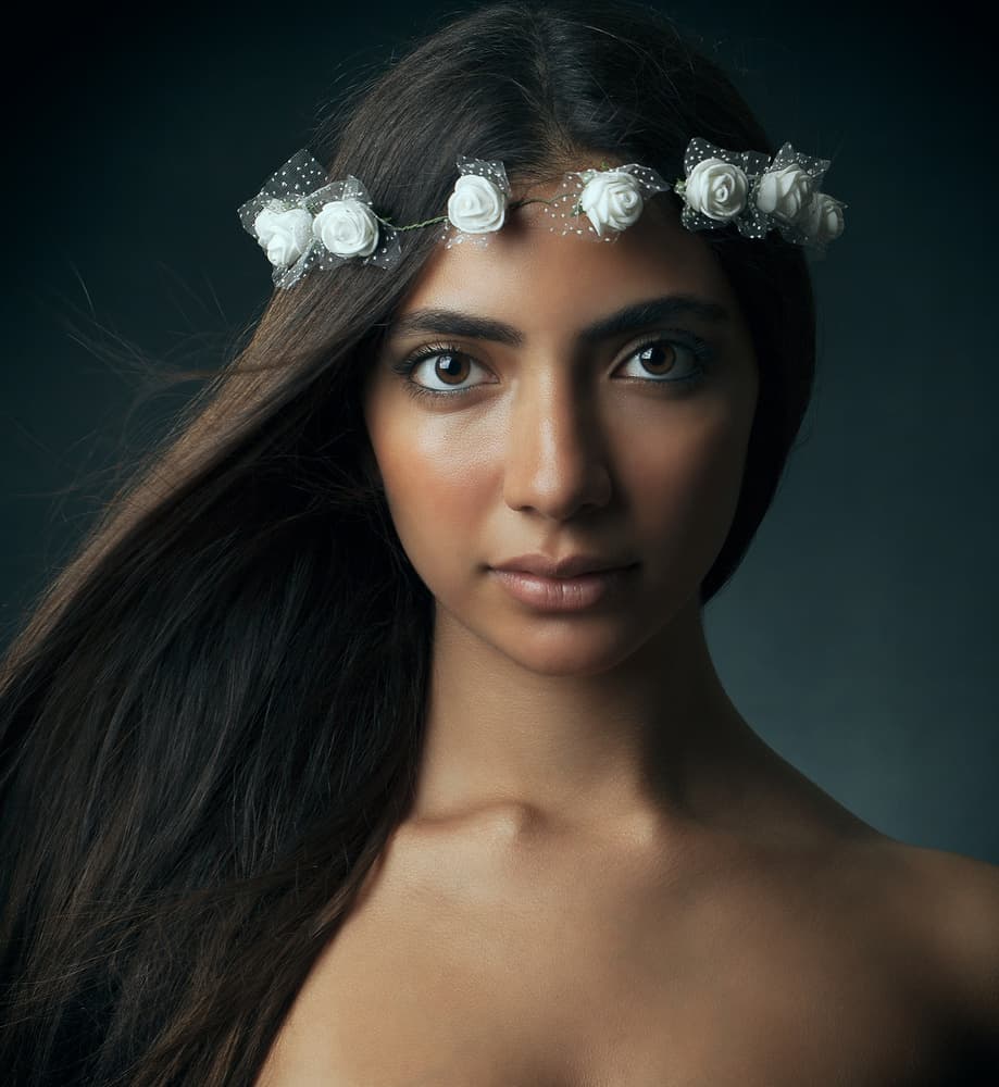 Serene Flower Crown Portrait by Mehdi Mokhtari — canvas wall art