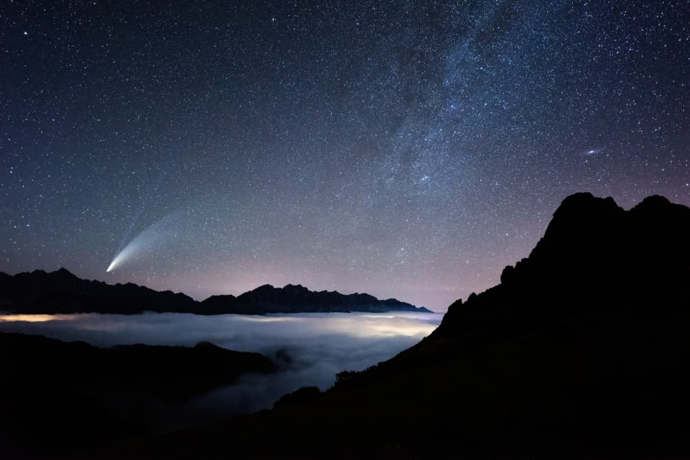 Comet Over Milky Way Mountains by carmenvillar — canvas wall art