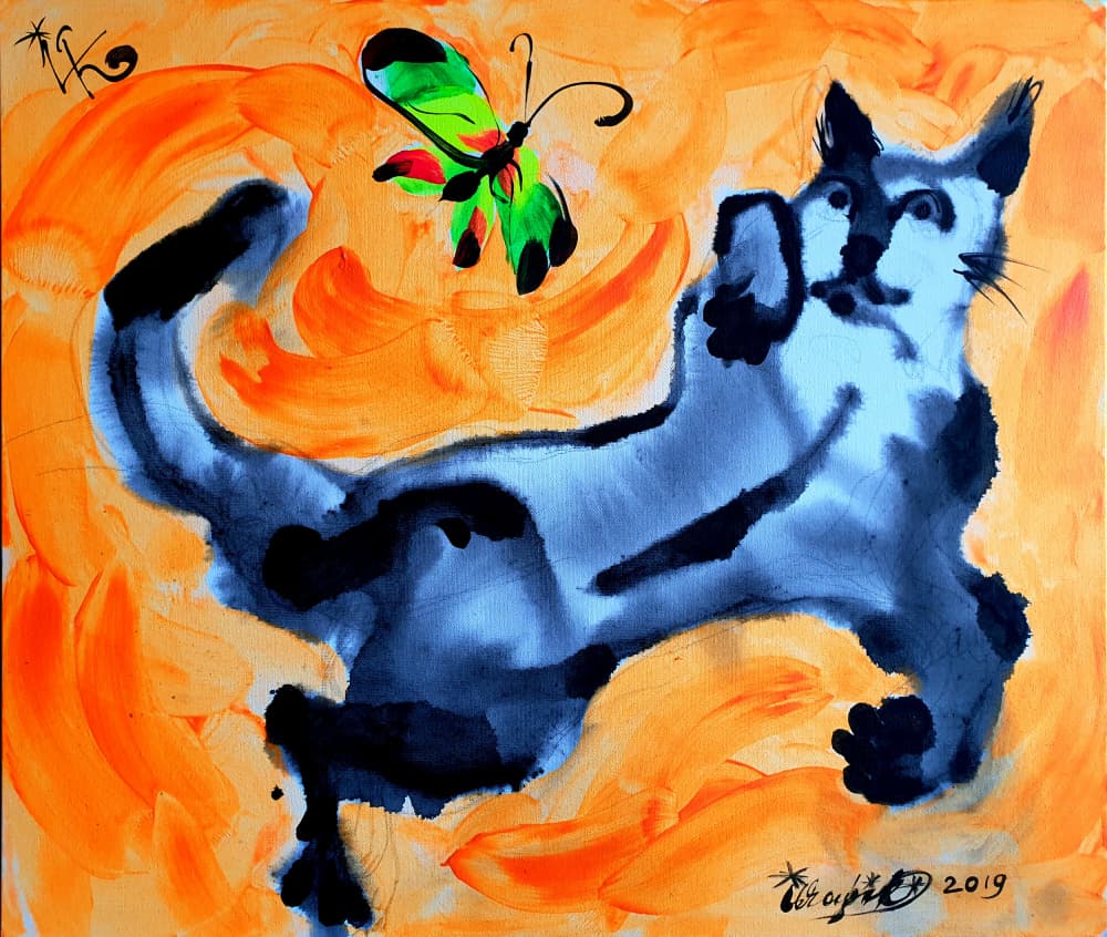 Playful Cat and Butterfly by Kanat Ibragimov — canvas wall art