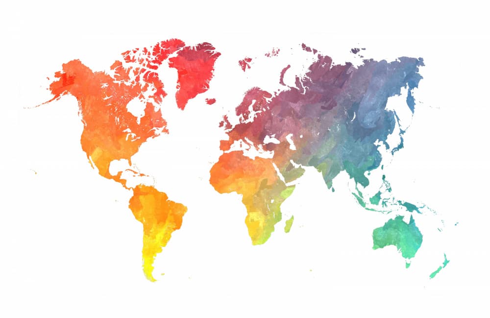 Vibrant Watercolor World Map by Justyna Jaszke — canvas wall art
