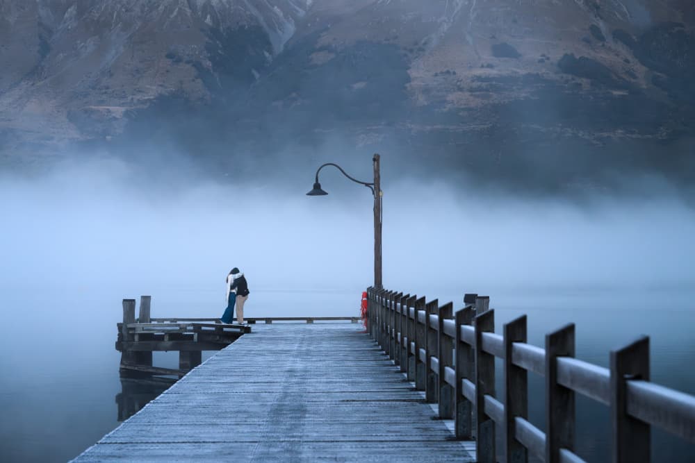 Misty Pier Embrace by Jianping Yang — canvas wall art