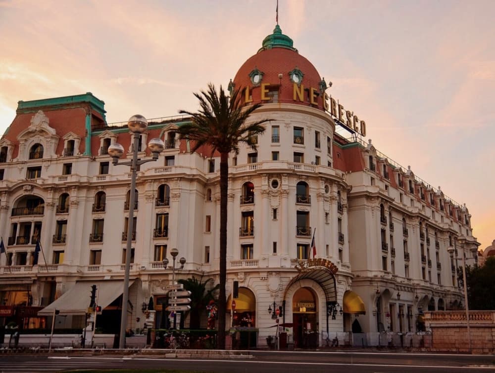 Nice Grand Hotel Sunset by Del Mundo Imagery — canvas wall art