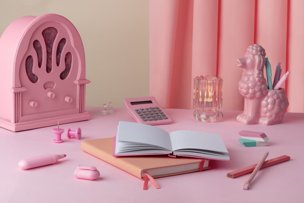 Pink Desk Essentials by Julia Ramiro — canvas wall art