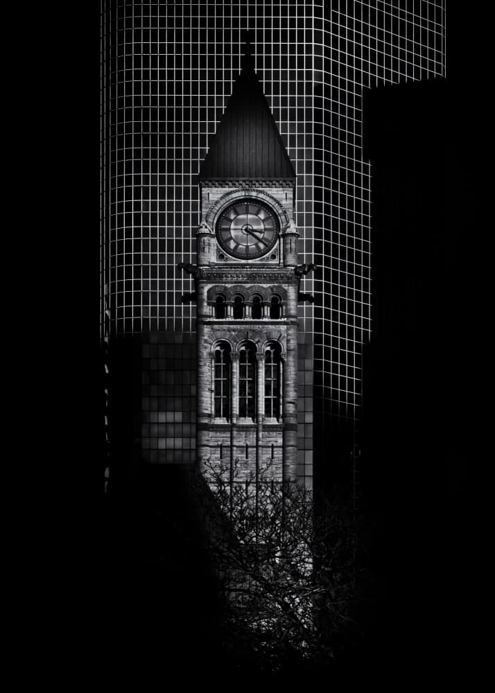 Dramatic City Clock by The Learning Curve Photography — canvas wall art