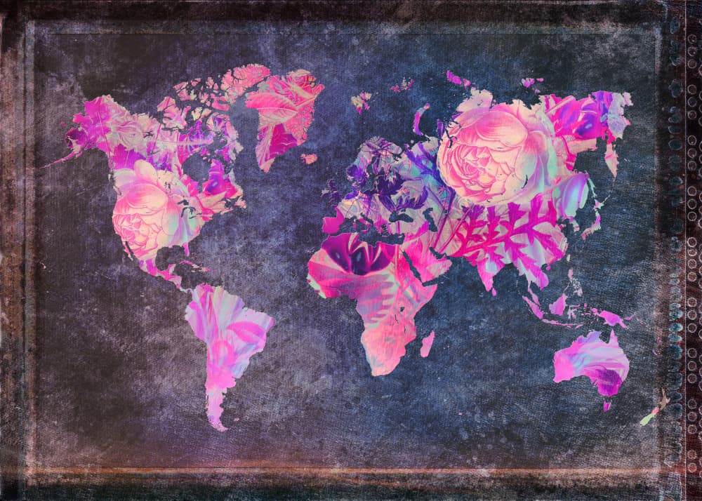 Pink Floral World Map by Justyna Jaszke — canvas wall art