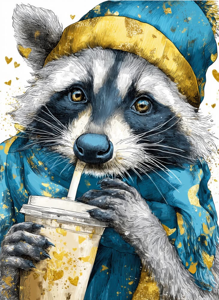 Cozy Raccoon With Drink by Justyna Jaszke — canvas wall art