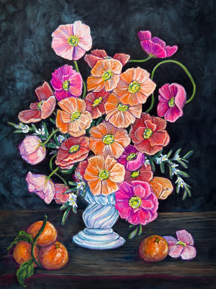 Poppies and Oranges Still Life by Renee Machan Cottagecore Artist — canvas wall art