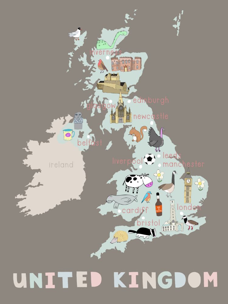 Whimsical UK Travel Map by Carla Daly — canvas wall art
