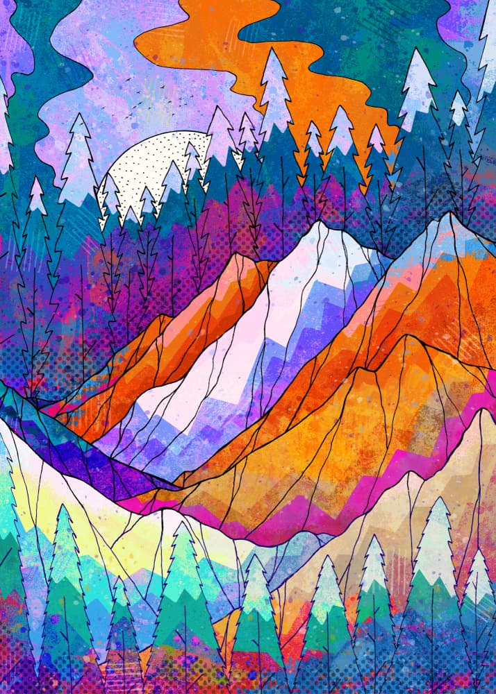 Vibrant Psychedelic Mountains by Stephen Wade — canvas wall art