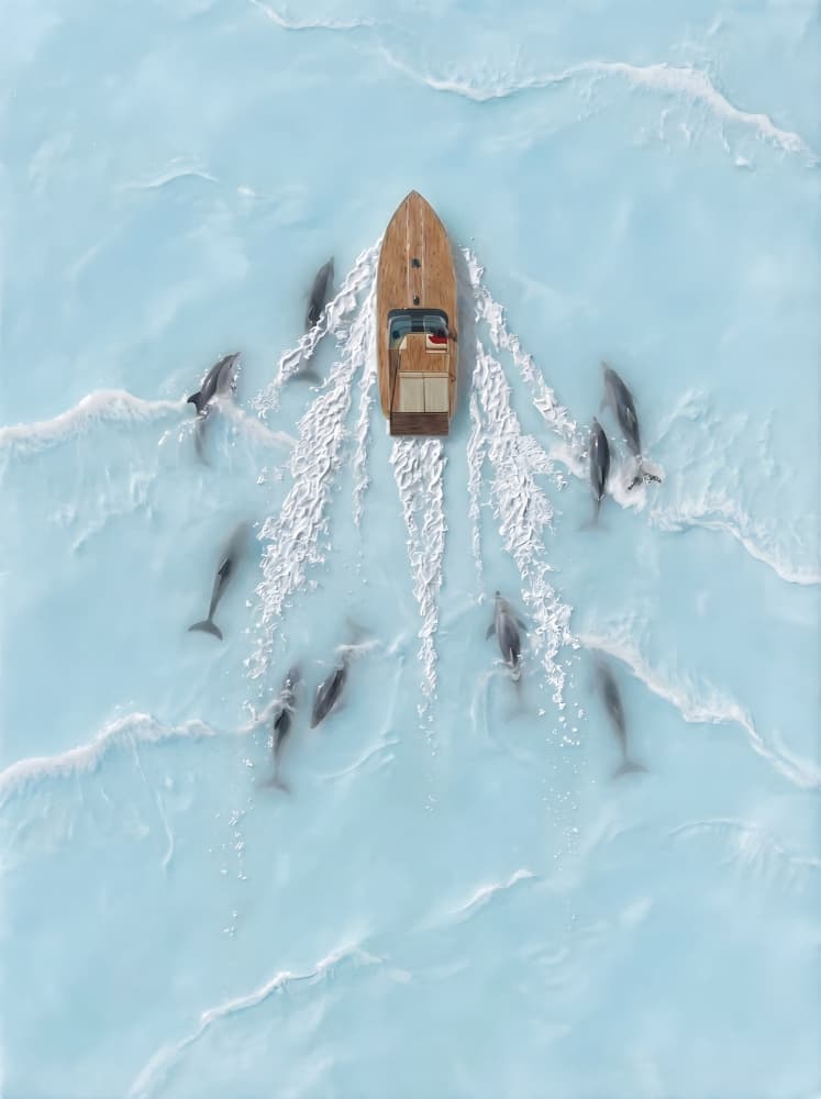 Pod of Dolphins Boat by HUGO — canvas wall art