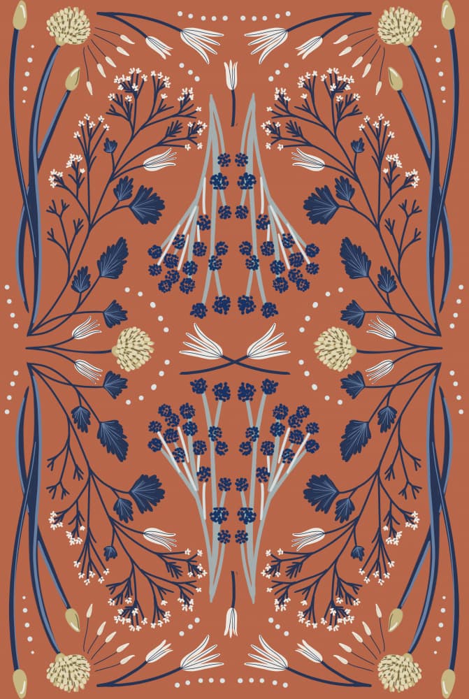 Folk Mirrored Botanics - Blue and Dusty Red by Anis Illustration — canvas wall art