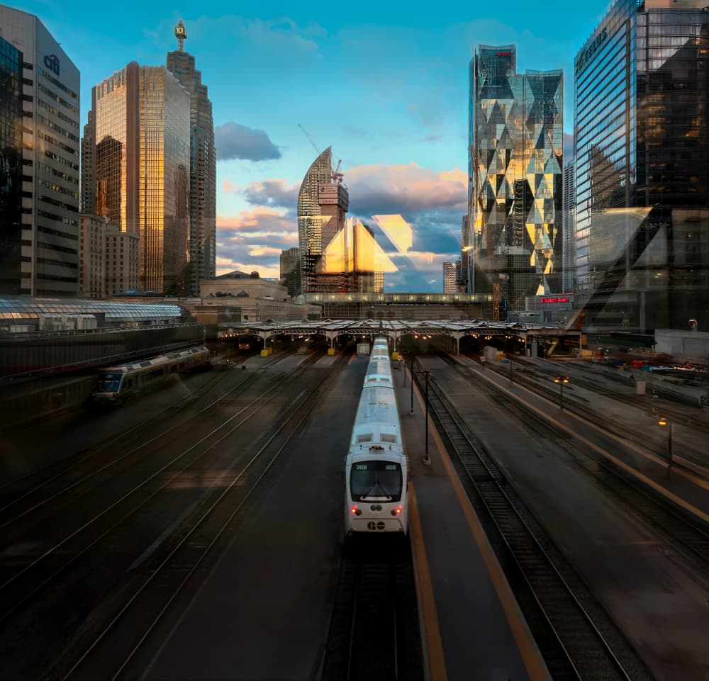 Golden Hour City Trains by Hui — canvas wall art