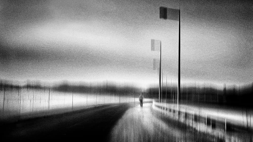 Solitary Walk Foggy Road by Ina Tänzer — canvas wall art