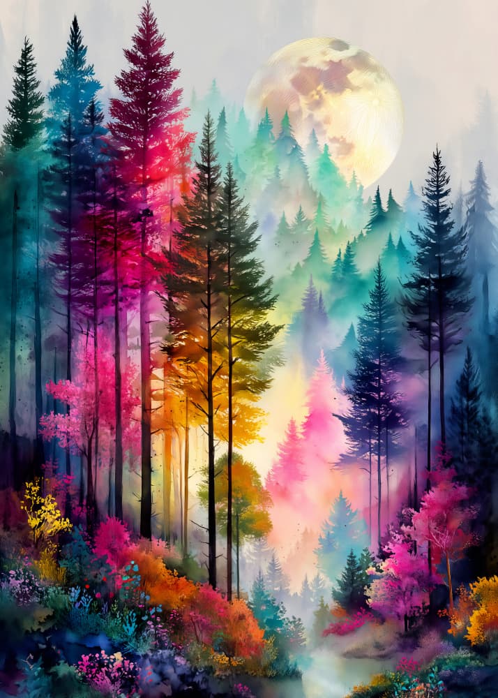 Vibrant Moonlit Forest by Justyna Jaszke — canvas wall art