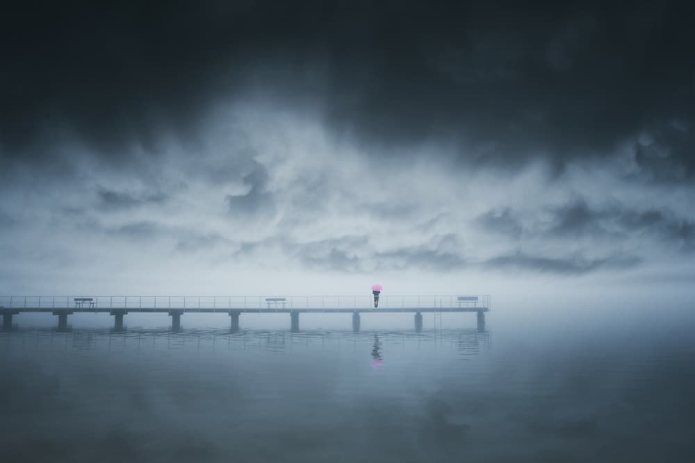 Misty Pier Pink Umbrella by Uschi Hermann — canvas wall art