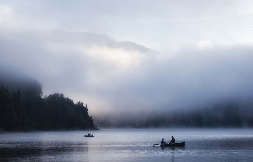 Misty Lake Morning Boats by Uschi Hermann — canvas wall art