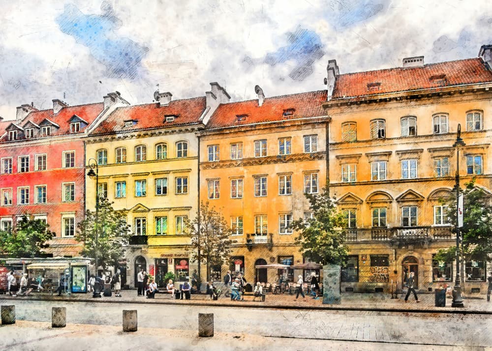 Colorful European City Street by Justyna Jaszke — canvas wall art
