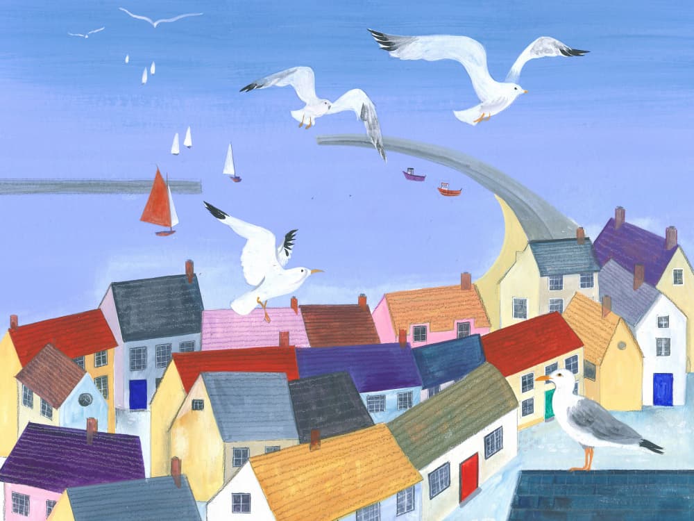 Seagulls Soaring Above Quaint Coastal Cottages by Isabelle Brent — canvas wall art