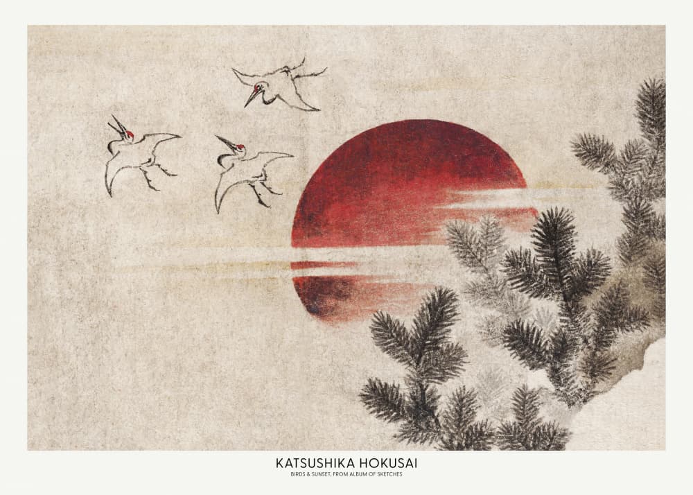 Katsushika Hokusai's Birds and Sunset, From Album of Sketches (1814) by Katsushika Hokusa — canvas wall art