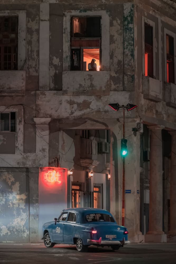 Vintage Blue Car City Night by Andy Bauer — canvas wall art