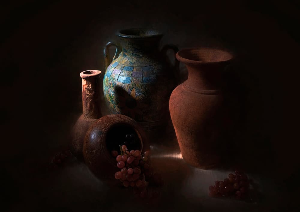 Rustic Pottery Grapes by Lydia Jacobs — canvas wall art