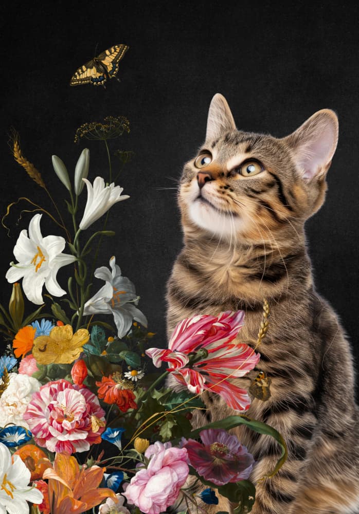Curious Cat Floral Still Life by Marja van den Hurk — canvas wall art