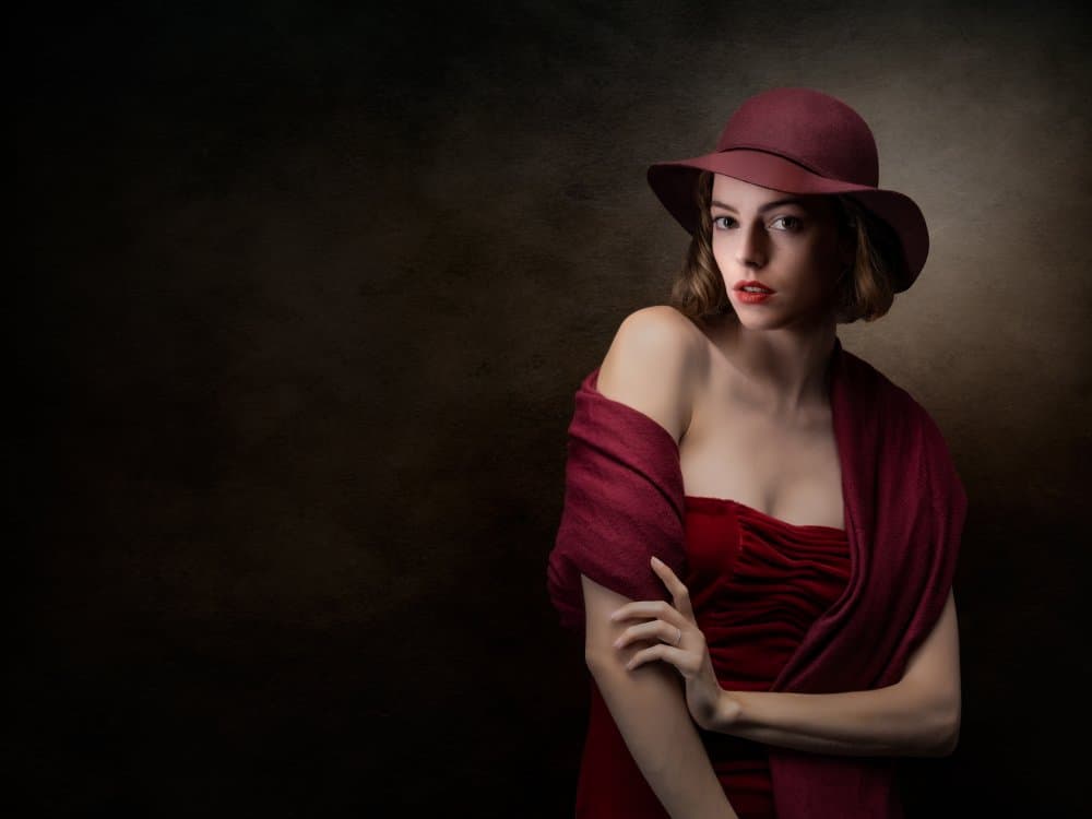 Mysterious Red Hat Woman by Luc Stalmans — canvas wall art