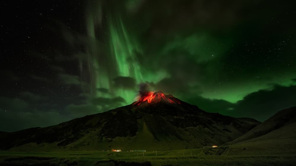 Erupting Volcano Aurora Night by David Martin Castan — canvas wall art