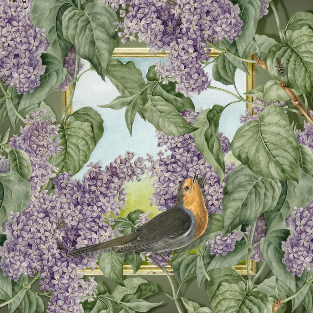 Spring Bird and Lilacs by Marja van den Hurk — canvas wall art