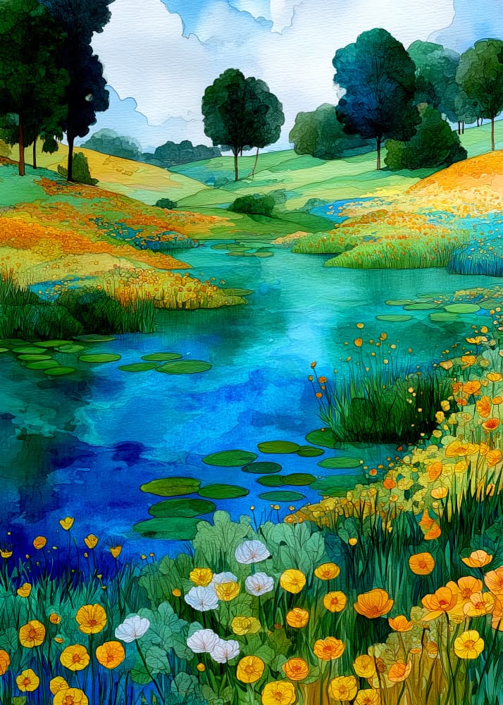 Vibrant Pond Landscape by Justyna Jaszke — canvas wall art