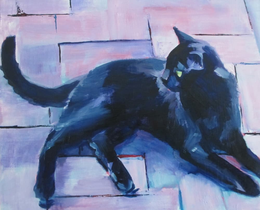 Black Cat Purple Floor by Maxine Shore — canvas wall art