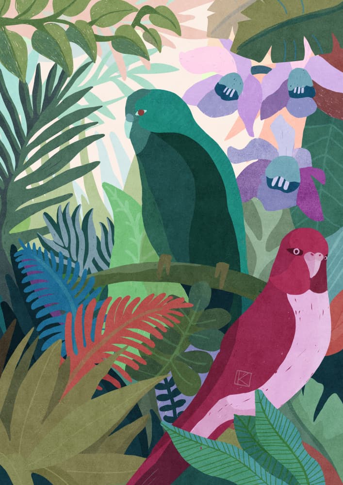 Vibrant Jungle Parrots by Sylwia Kubus — canvas wall art