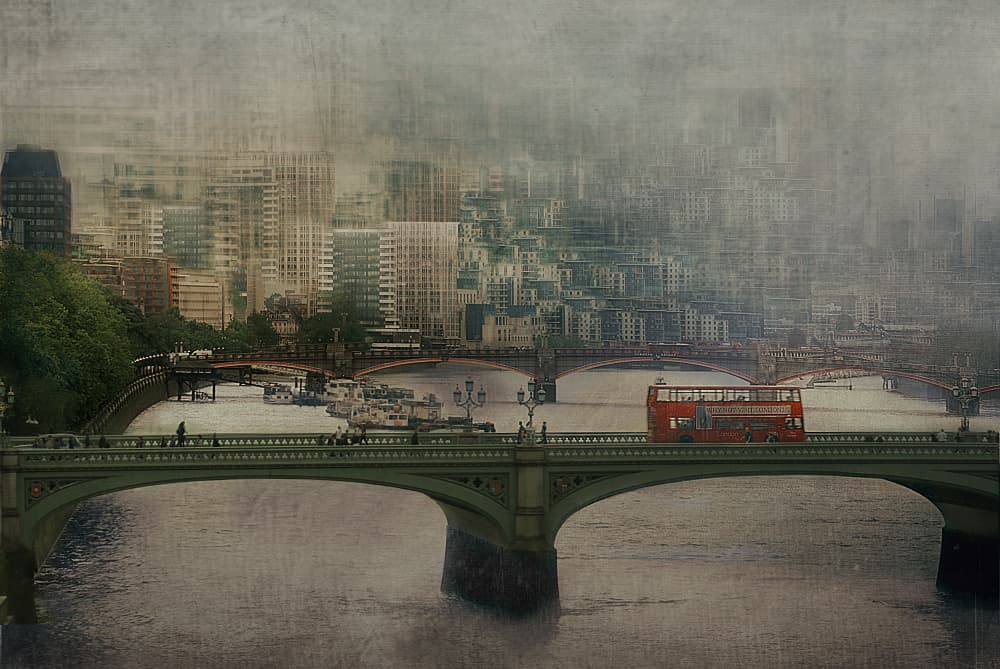 Misty London Bus Bridge by Elena Arjona — canvas wall art