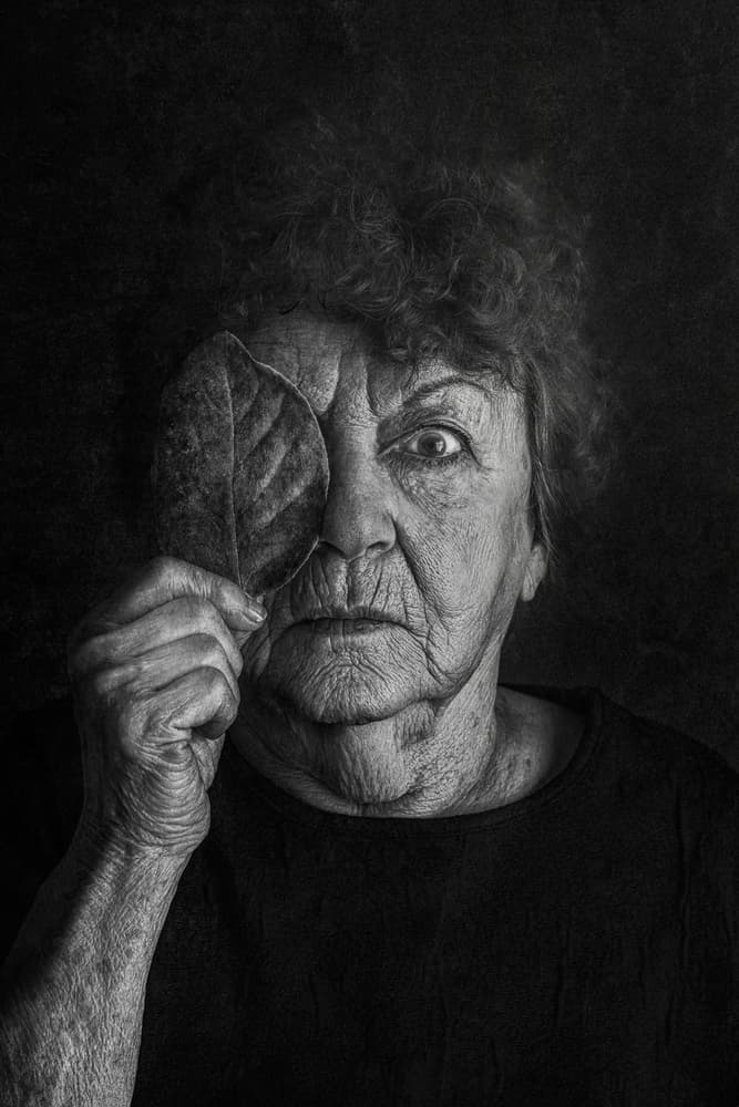 Aged Face With Leaf by Stephen Clough — canvas wall art