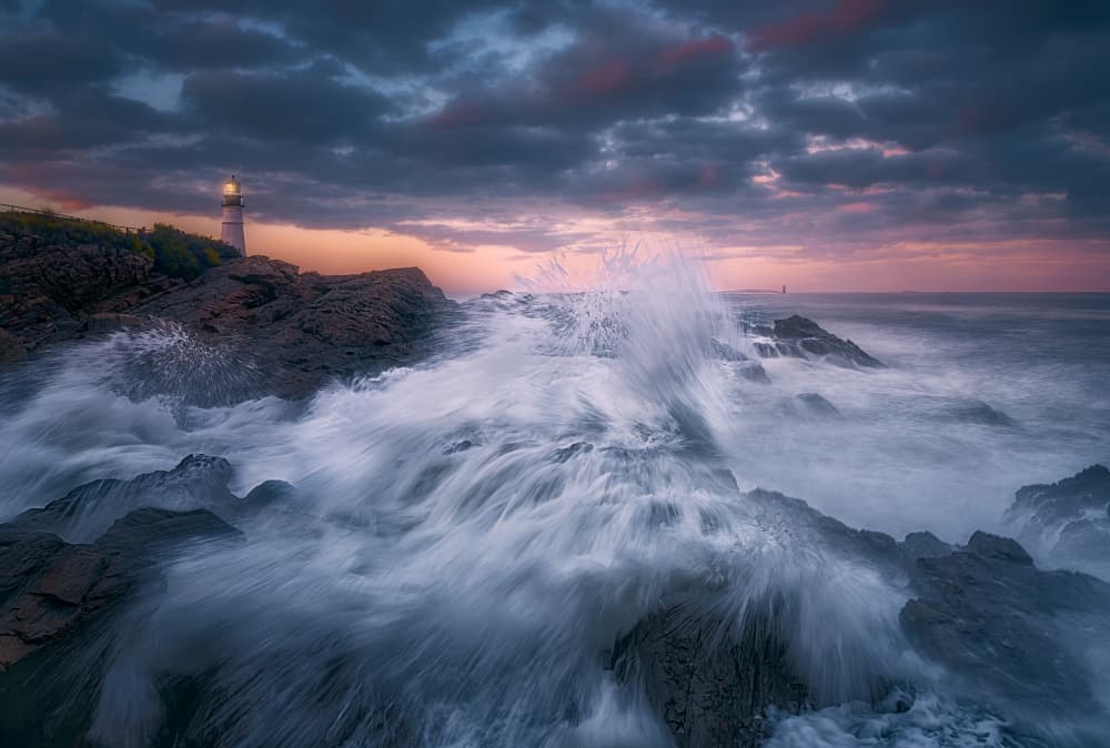 Coastal Lighthouse Crashing Waves by Ben.C.L — canvas wall art