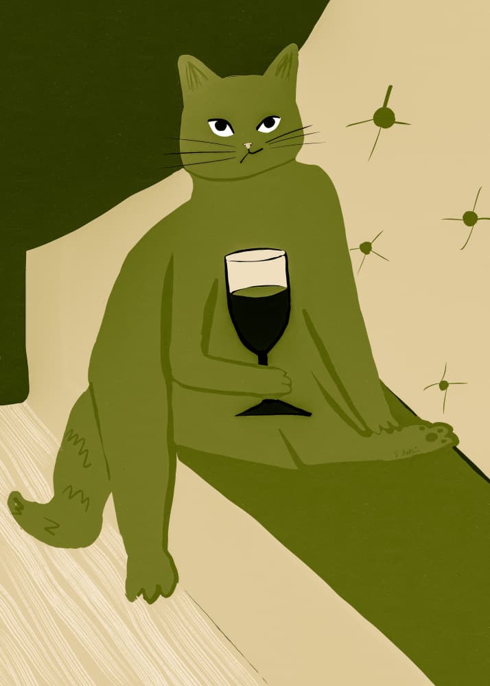 Green Cat With Wine by Sharyn Bursic — canvas wall art
