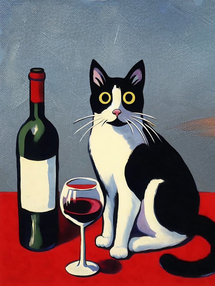 Black and White Cat On Red Table by Tonya van Schalkwyk — canvas wall art