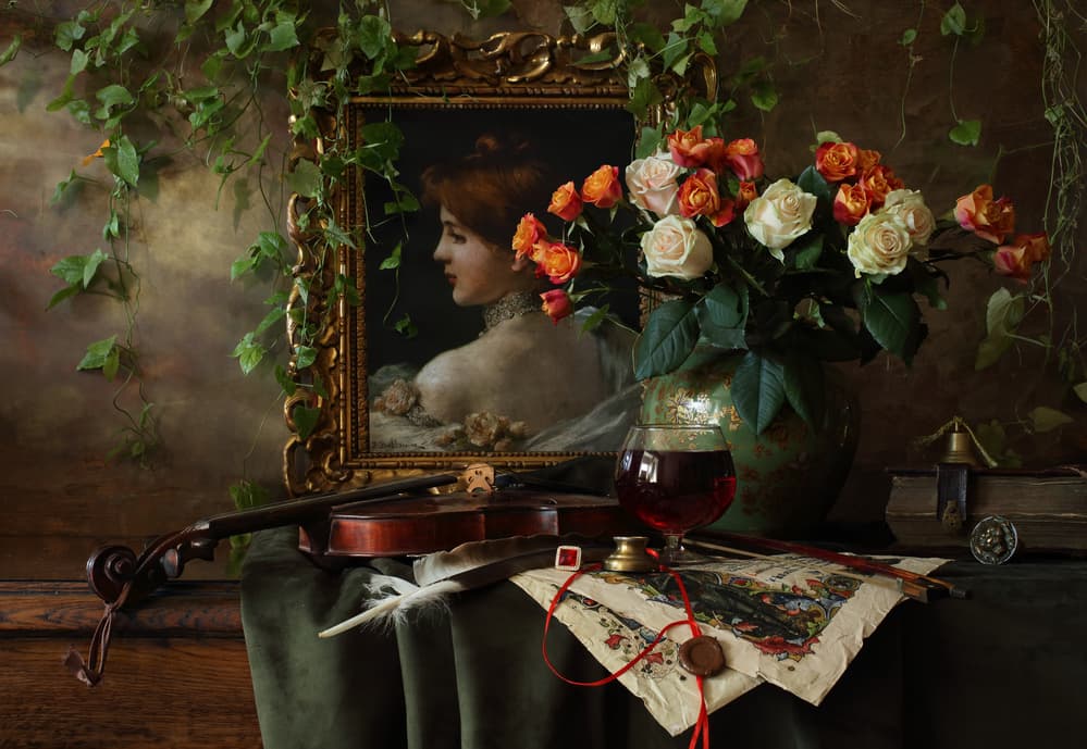 Classical Violin and Roses by Andrey Morozov — canvas wall art