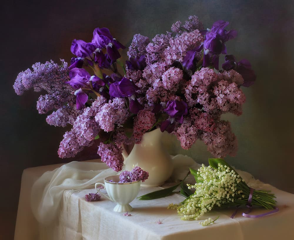 Purple Lilacs Irises Still Life by Tatyana Skorokhod — canvas wall art