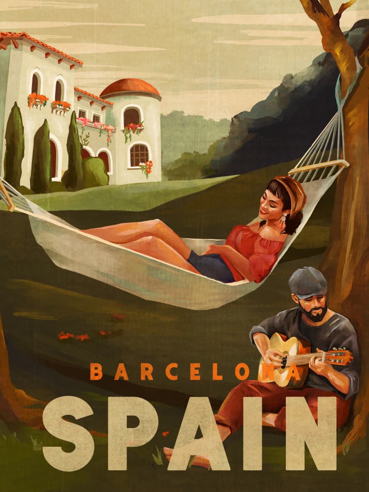 Barcelona Spain Guitar Player Travel Art by The Whiskey Ginger — canvas wall art