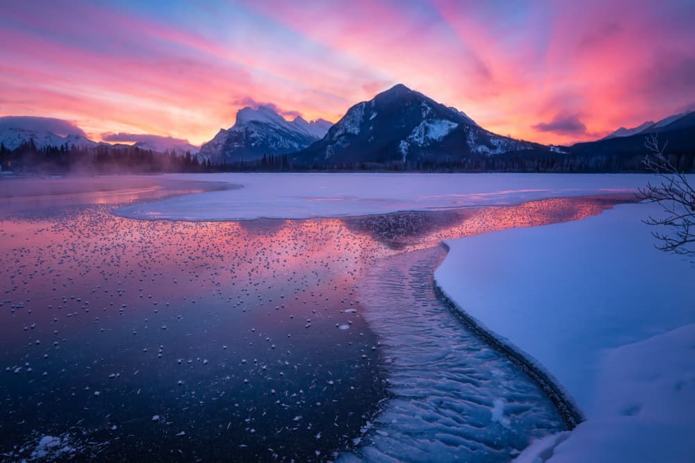 Pink Winter Mountain Lake by Yongnan Li (李永男) — canvas wall art