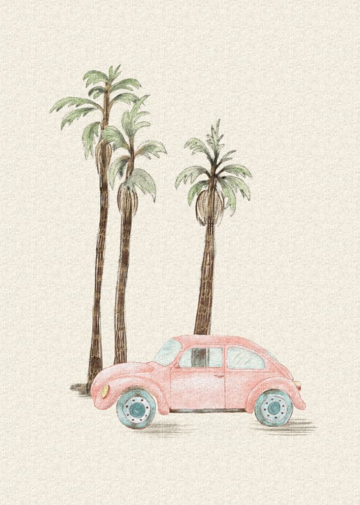 Retro Pink Car Palms by Olena Kovalova — canvas wall art