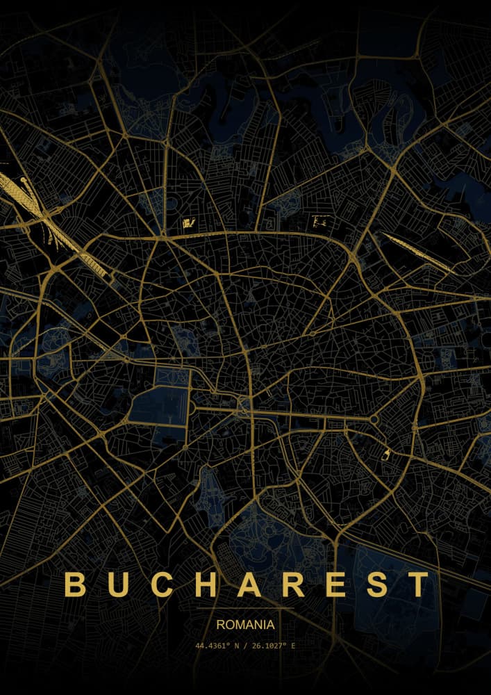 Golden Bucharest Map by HUGO — canvas wall art