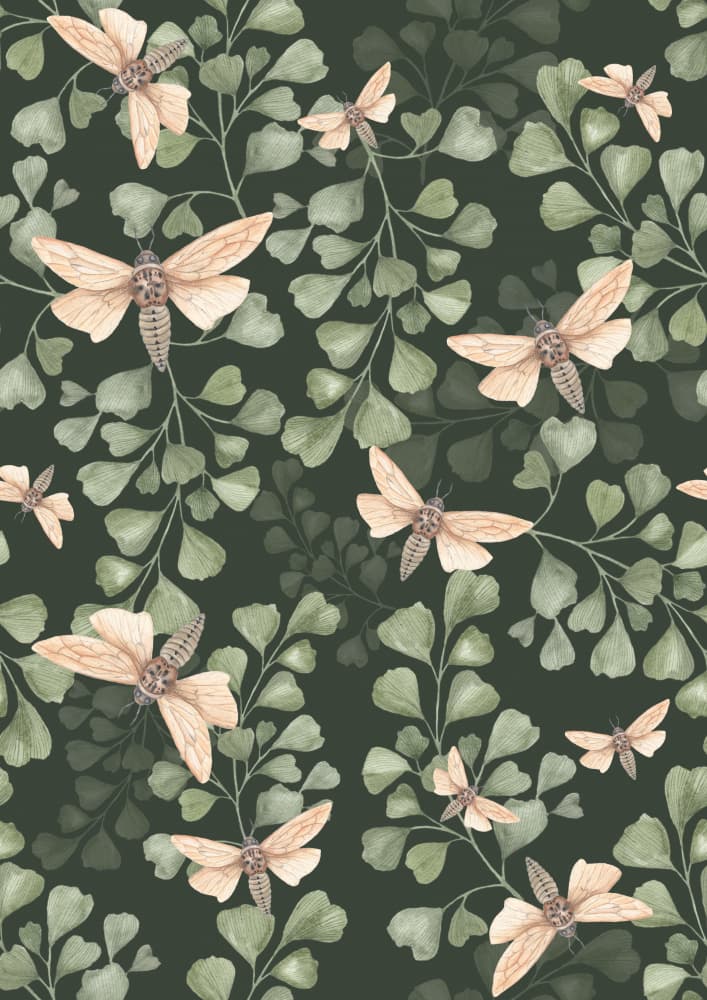 Whimsical Moths Green Leaves by Linda Sitniece — canvas wall art